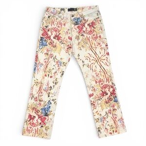 RARE y2k Just Cavalli Vintage Cream Floral Mid Straight Gold Glitter Jeans 32
